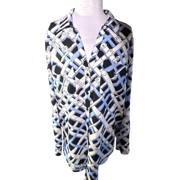 Jones New York Tops - Jones New York Womens Button Up Blouse Tie Front Black Blue Patterned Size M
